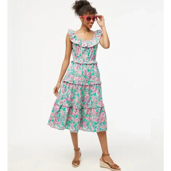 J. Crew Printed Floral Ruffled Tiered Midi Dress Pockets Green & Pink Size 10 - Picture 1 of 14